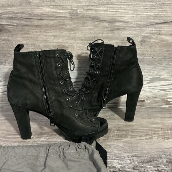 AllSaints Black Suede Lace Up Peep Toe High Heel Boots US 6.5–7 - Picture 11 of 13